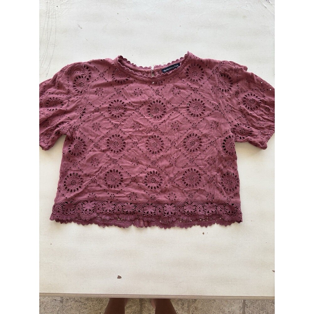 Abercrombie & Fitch Eyelet Lace Puff Sleeve Crop Top Dusty Rose Pink Boho